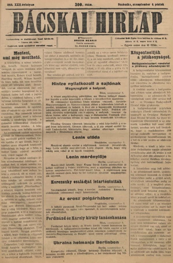 Bácskai Hirlap, 22. évf. 1918. szeptember 6. 200. sz.