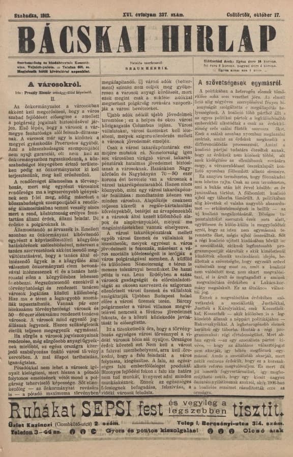Bácskai Hirlap, 16. évf. 1912. október 17. 237. sz.