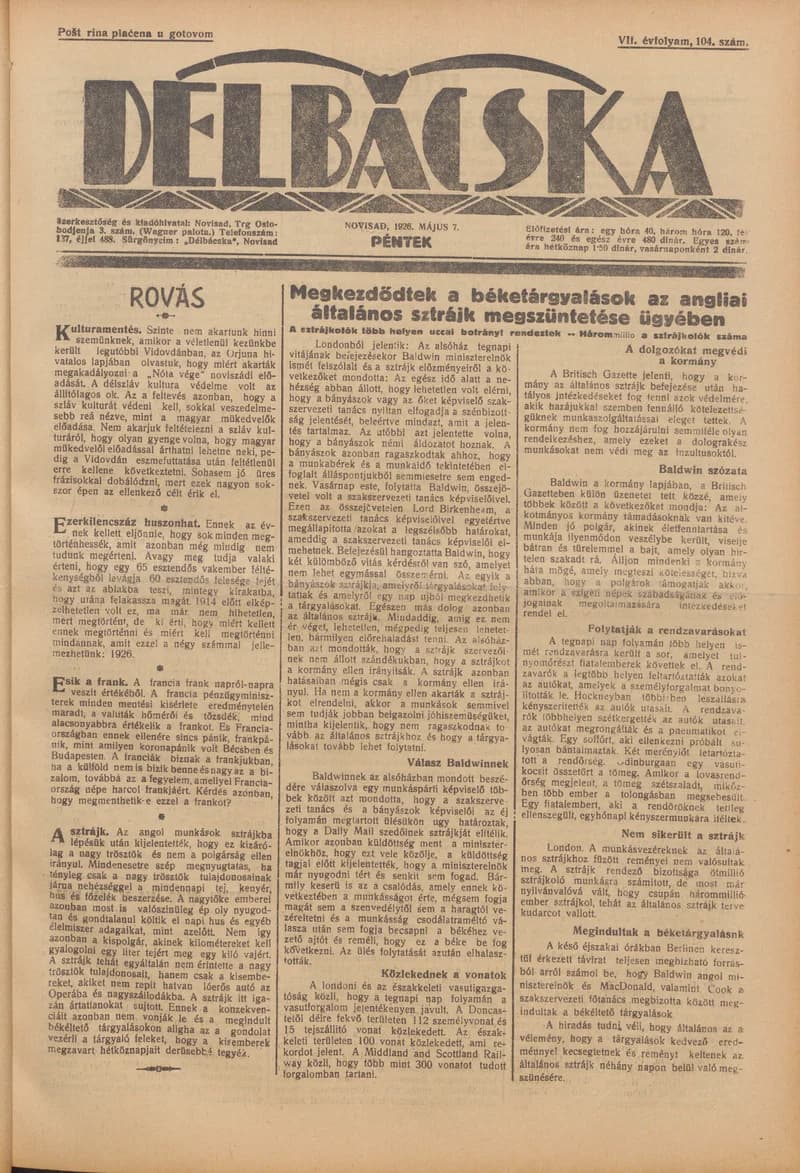 Délbácska, 7. évf. 1926. május 7. 104. sz.