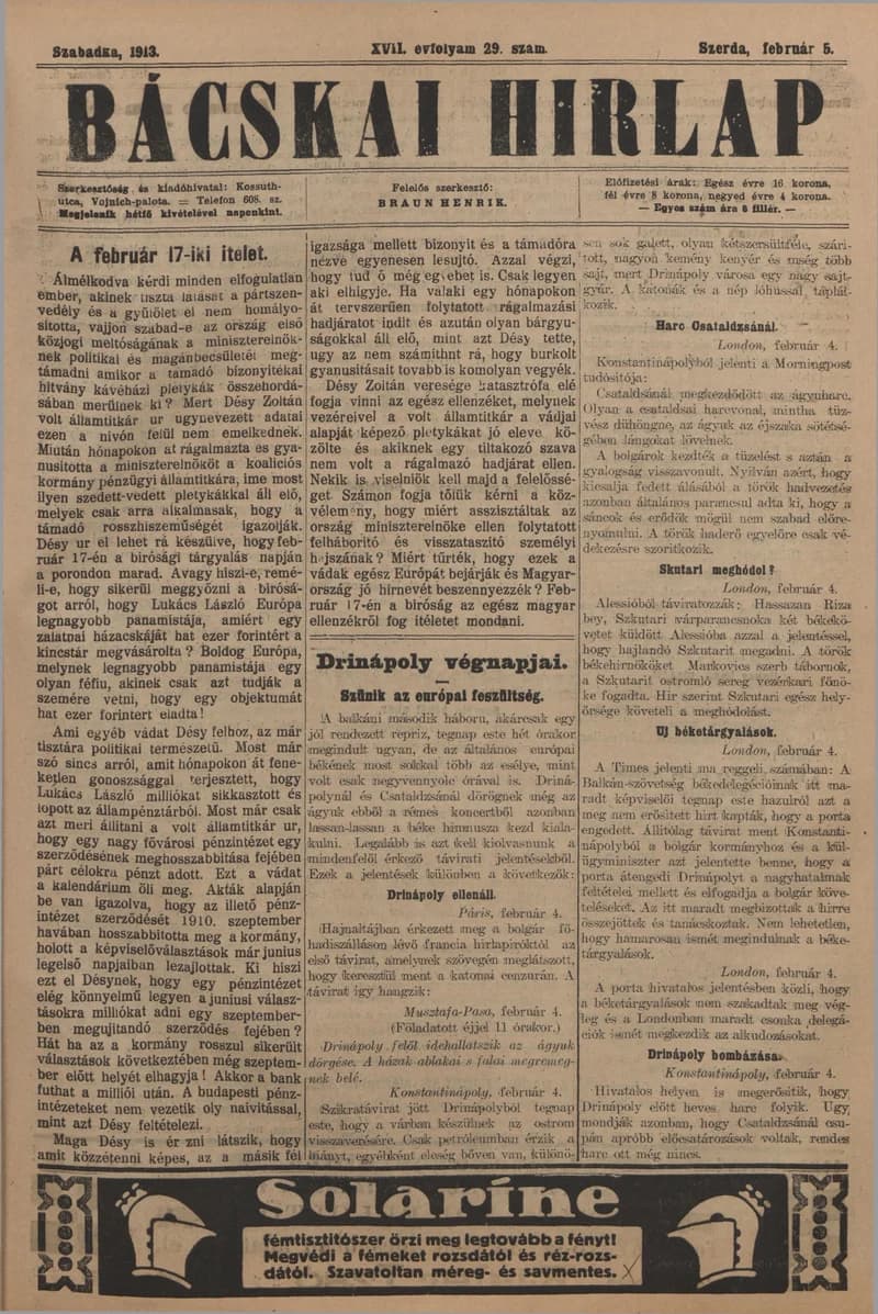 Bácskai Hirlap, 17. évf. 1913. február 5. 29. sz.