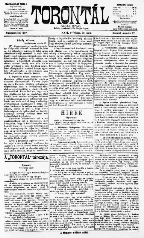 Torontál, 26. évf. 1897. március 27. 70. sz.
