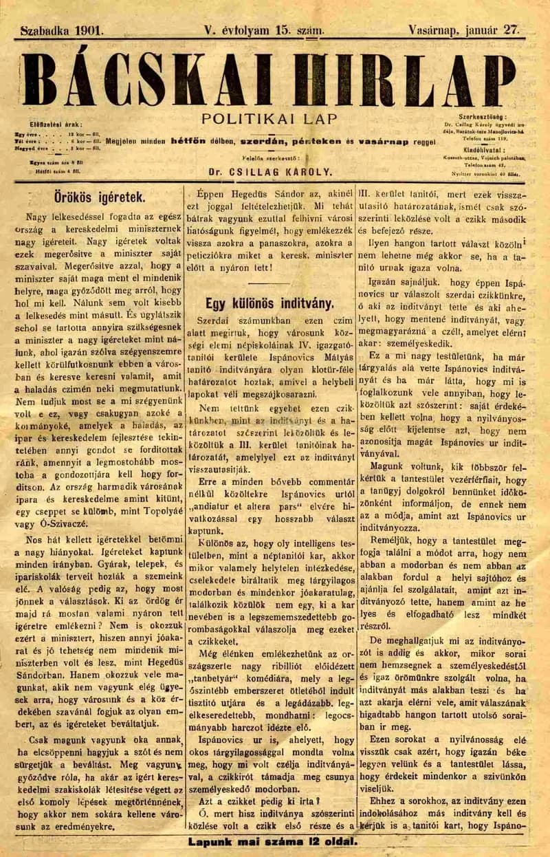 Bácskai Hirlap, 5. évf. 1901. január 27. 15. sz.