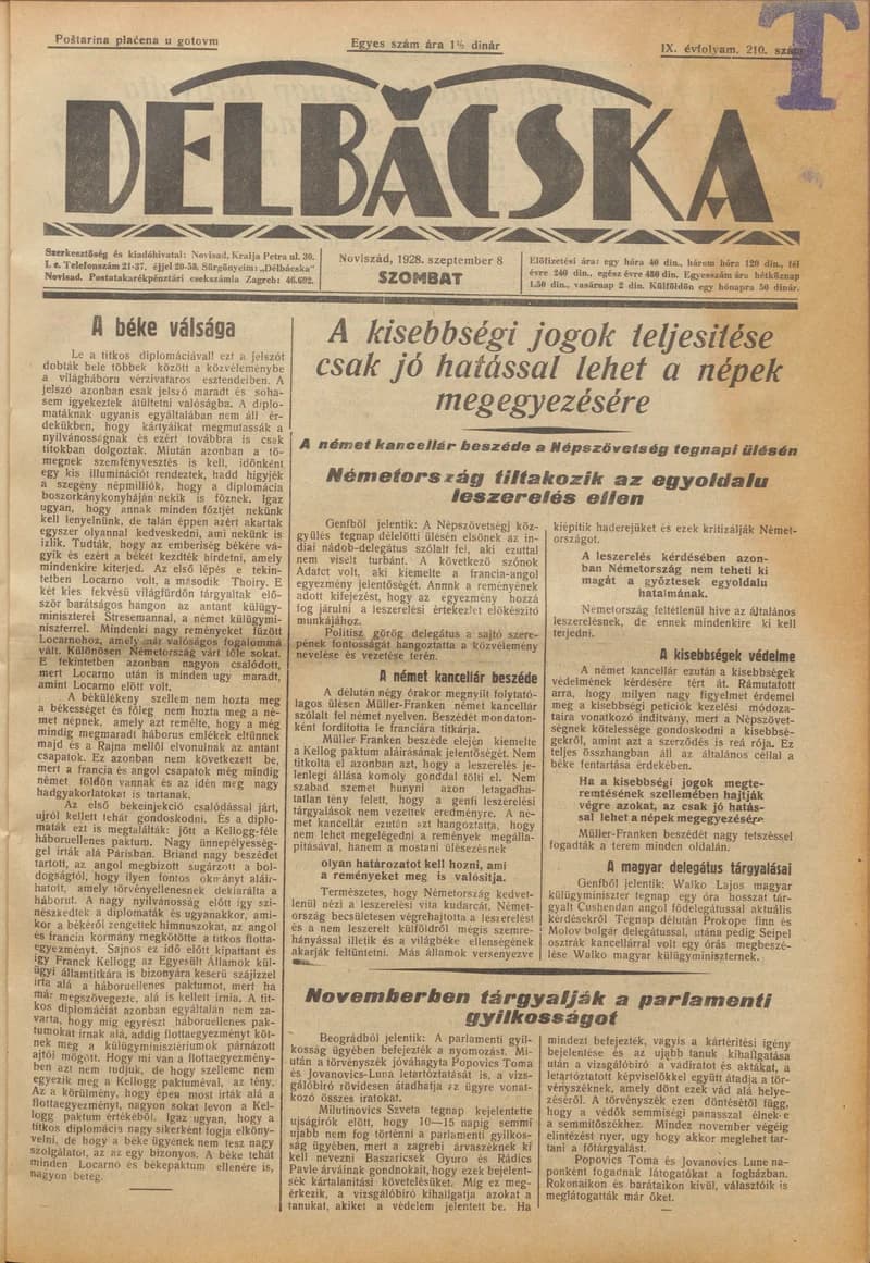 Délbácska, 9. évf. 1928. szeptember 8. 210. sz.