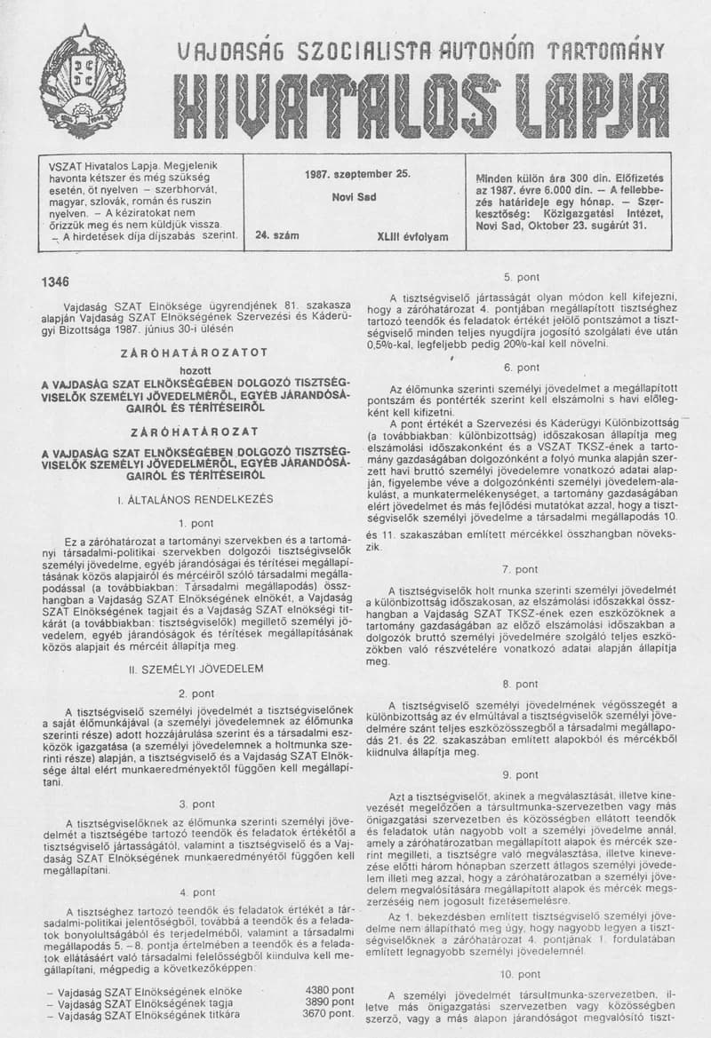 Vajdaság Szocialista Autonóm Tartomány Hivatalos Lapja, 43. évf. 1987. szeptember 25. 24. sz.