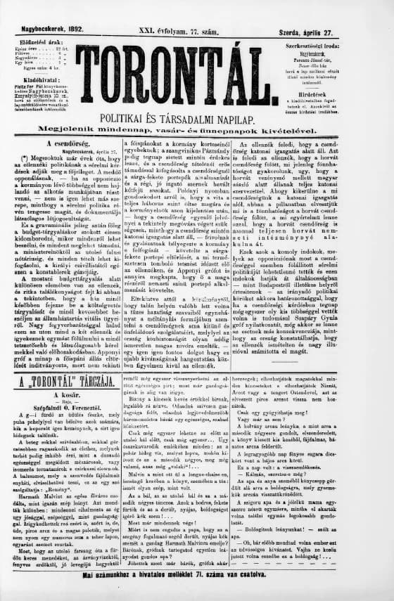 Torontál, 21. évf. 1892. április 27. 77. sz.