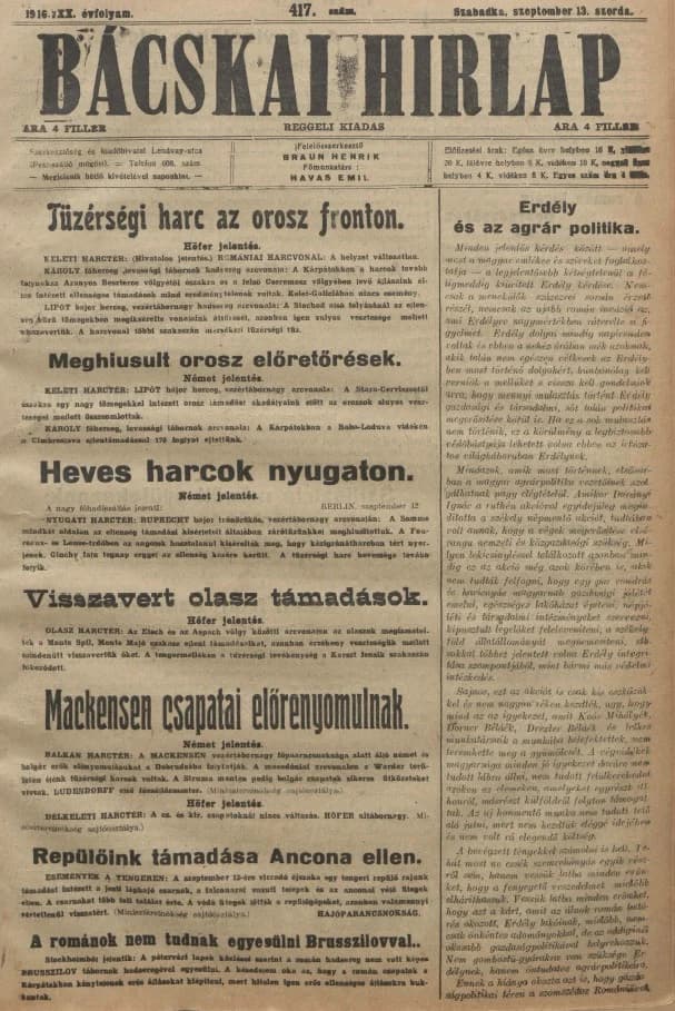 Bácskai Hirlap, 20. évf. 1916. szeptember 13. 417. sz.