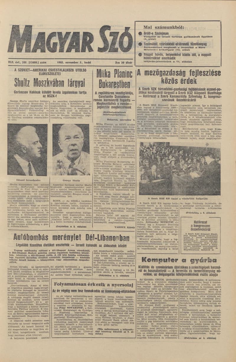 Magyar Szó, 42. évf. 1985. november 5. 305. sz. 1–20. oldal