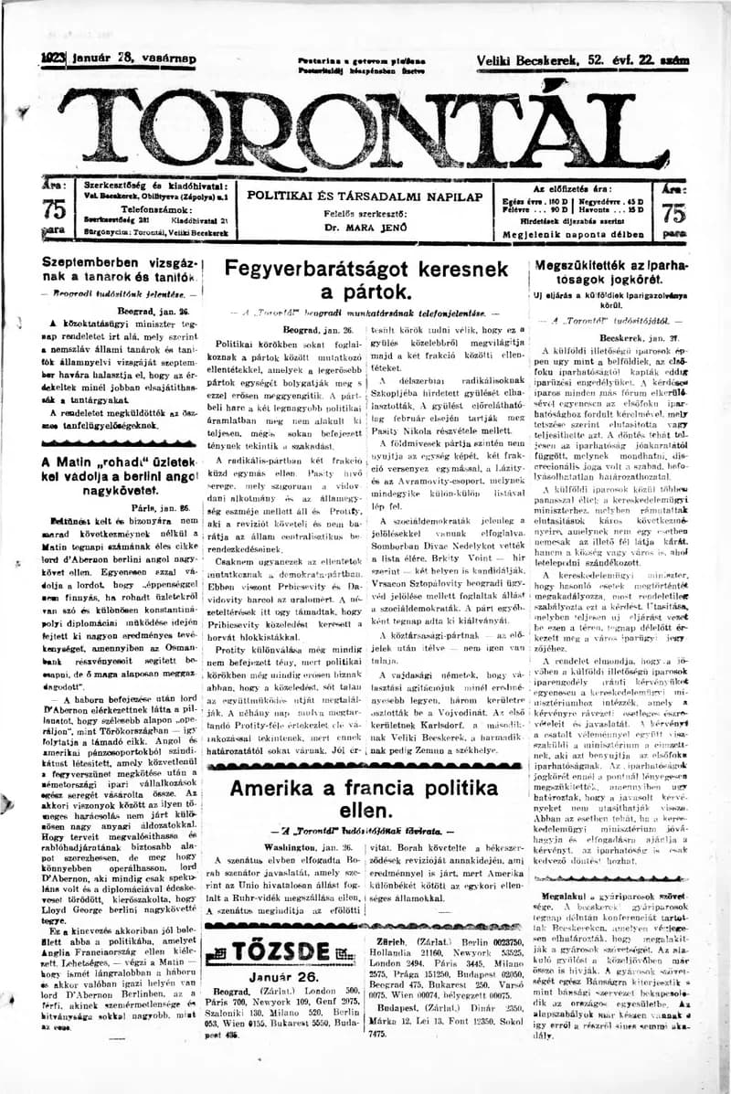 Torontál, 52. évf. 1923. január 28. 22. sz.