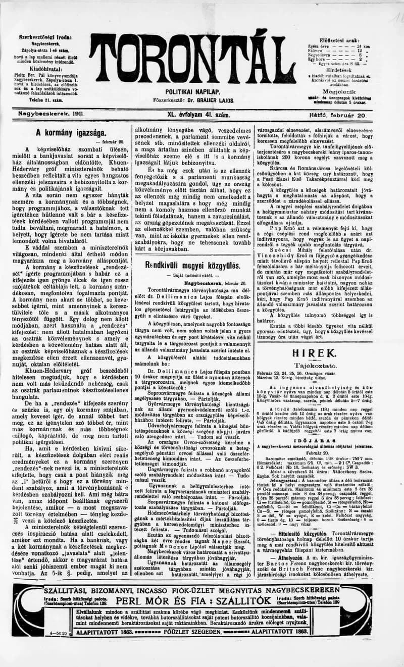 Torontál, 40. évf. 1911. február 20. 41. sz.