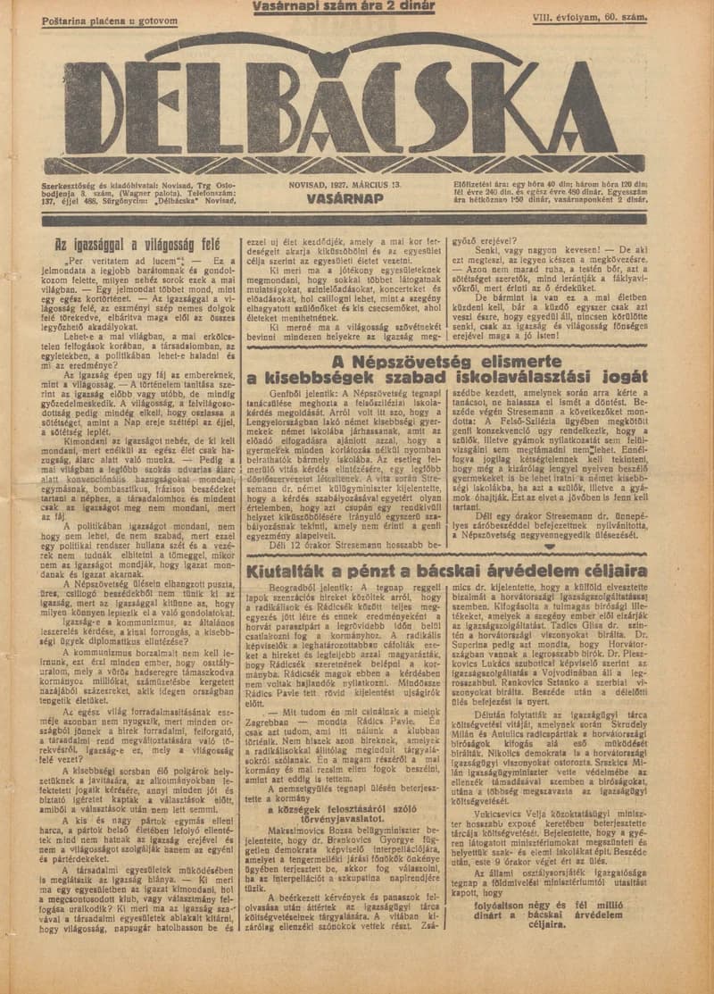 Délbácska, 8. évf. 1927. március 13. 60. sz.