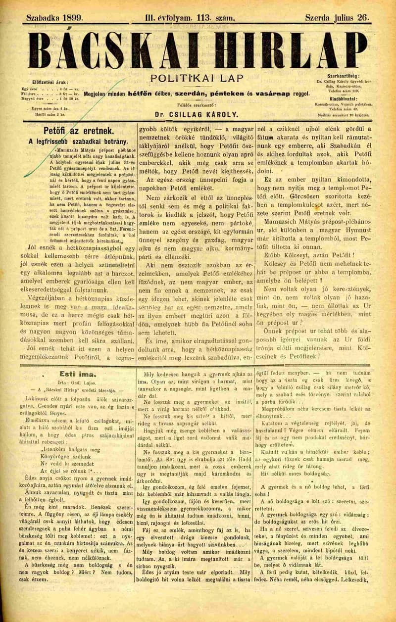 Bácskai Hirlap, 3. évf. 1899. július 26. 113. sz.