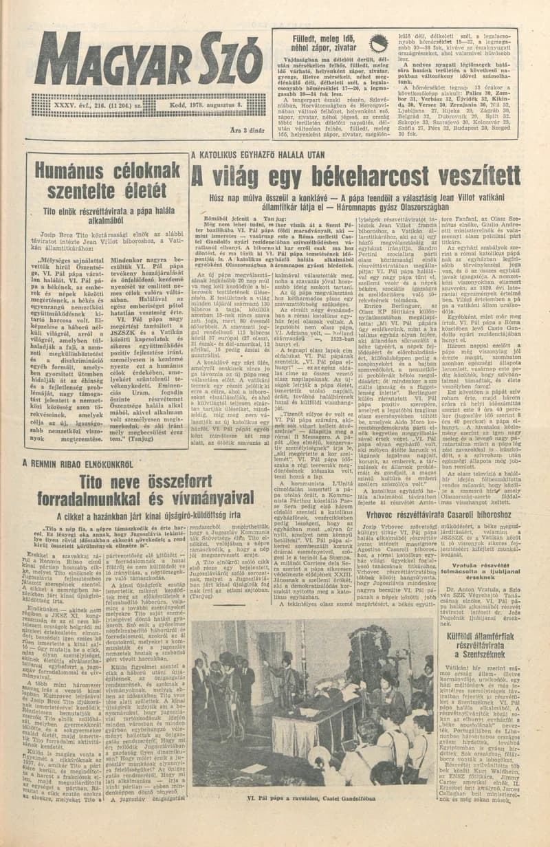 Magyar Szó, 35. évf. 1978. augusztus 8. 216. sz. 1–16. oldal
