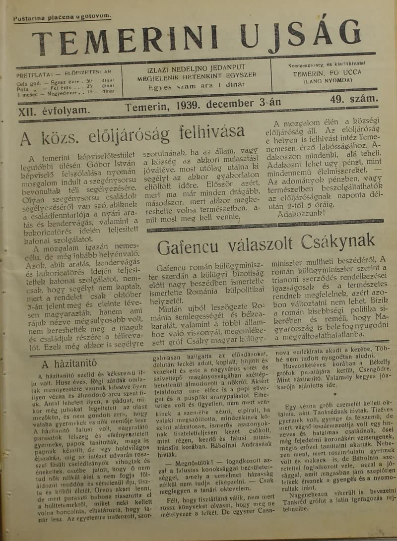 Temerini Újság 1928-1944, 12. évf. 1939. december 3. 49. sz.