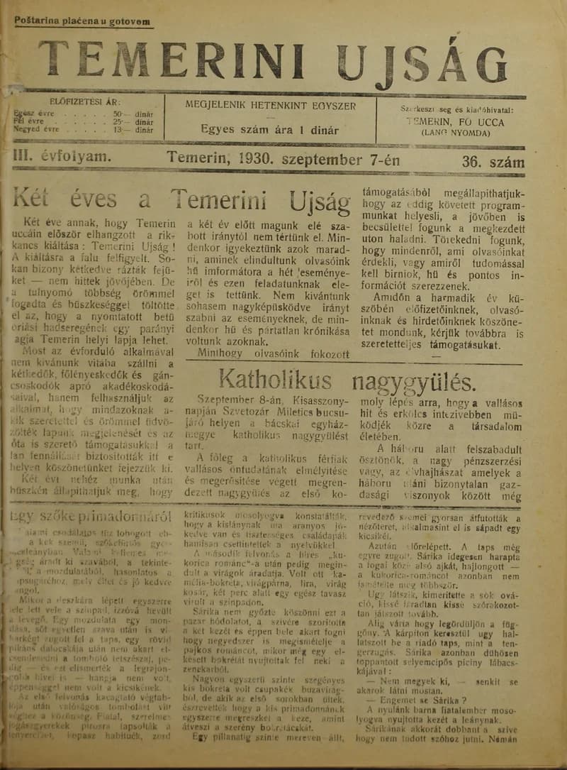 Temerini Újság 1928-1944, 3. évf. 1930. szeptember 7. 36. sz.