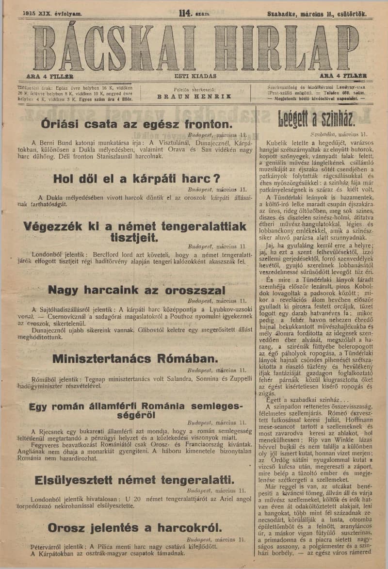 Bácskai Hirlap, 19. évf. 1915. március 11. 114. sz.