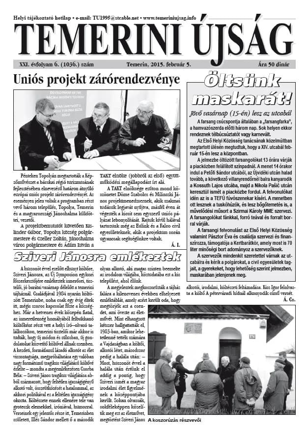 Temerini Újság, 21. évf. 2015. február 5. 6. sz.