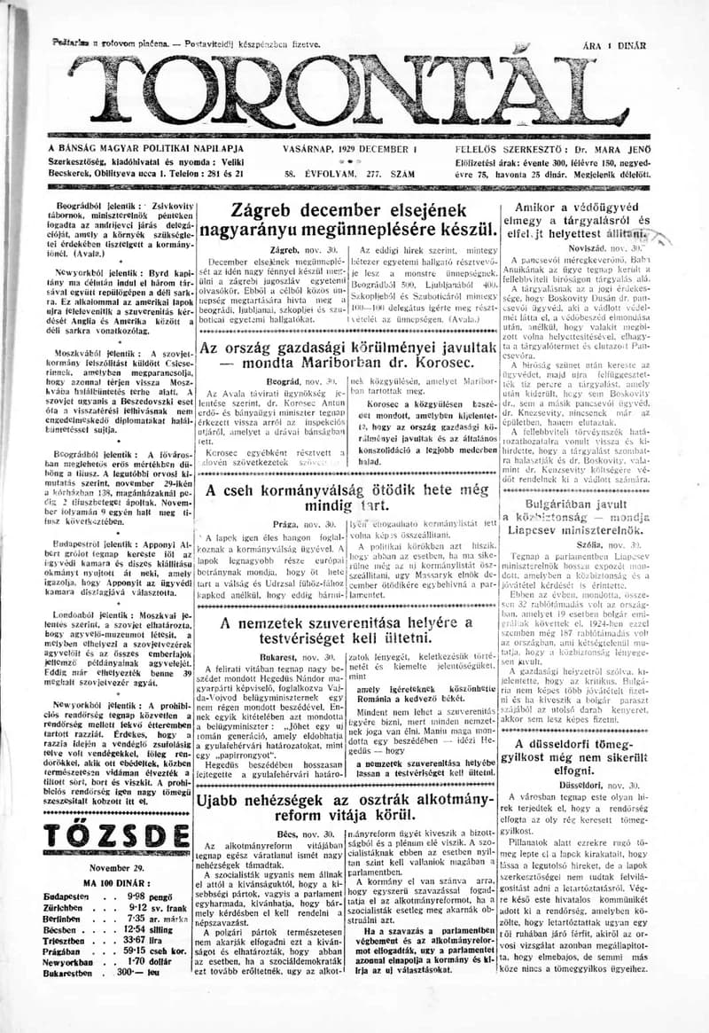 Torontál, 58. évf. 1929. december 1. 277. sz.