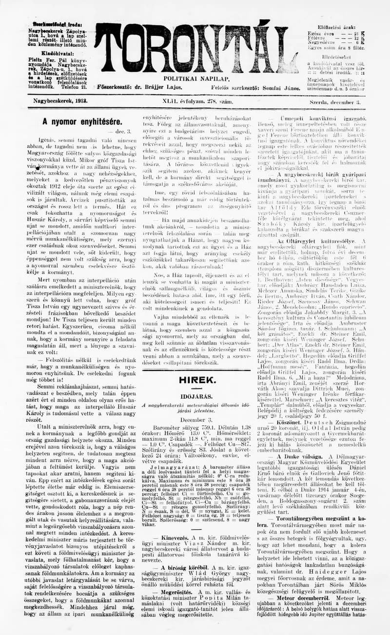 Torontál, 42. évf. 1913. december 3. 278. sz.