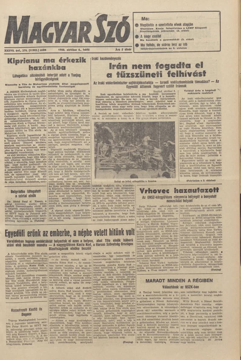 Magyar Szó, 37. évf. 1980. október 6. 276. sz. 1–16. oldal