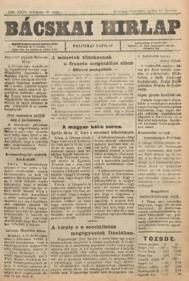 Bácskai Hirlap, 24. évf. 1920. április 10. 36. sz.