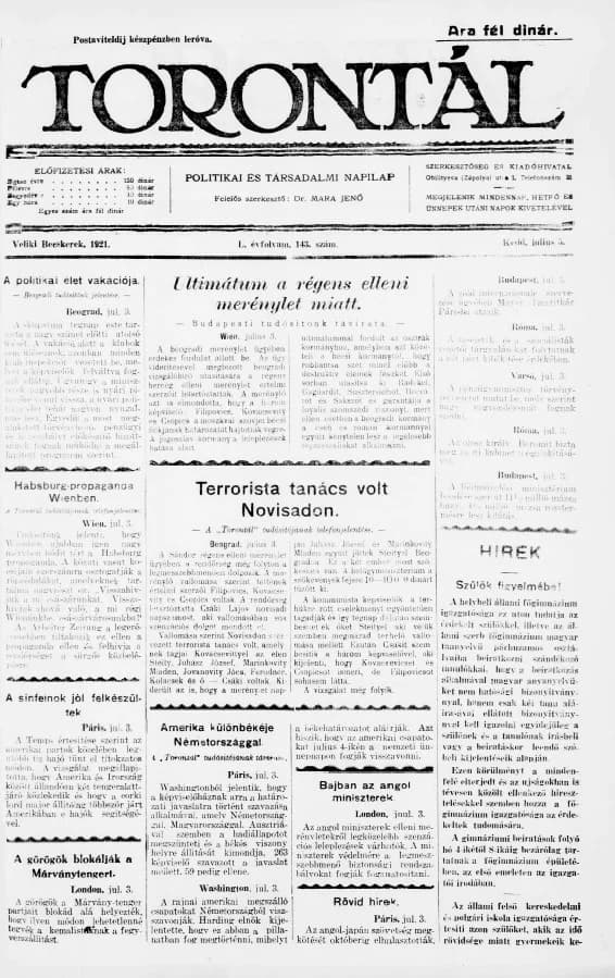 Torontál, 50. évf. 1921. július 5. 143. sz.