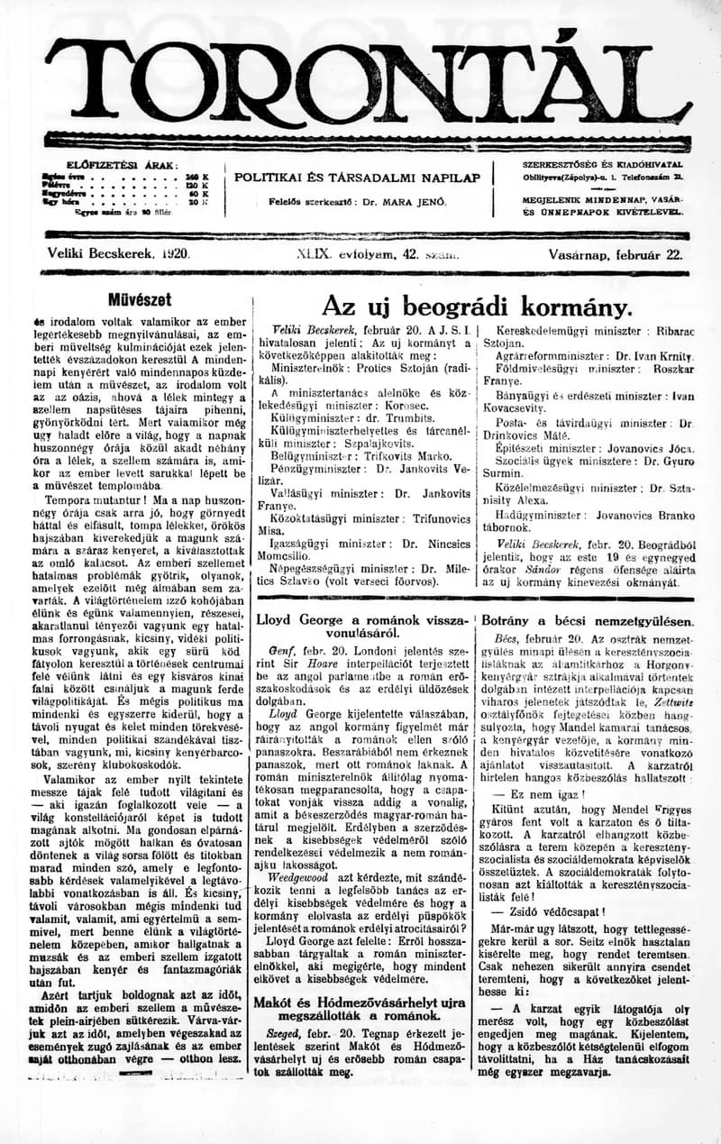 Torontál, 49. évf. 1920. február 22. 42. sz.