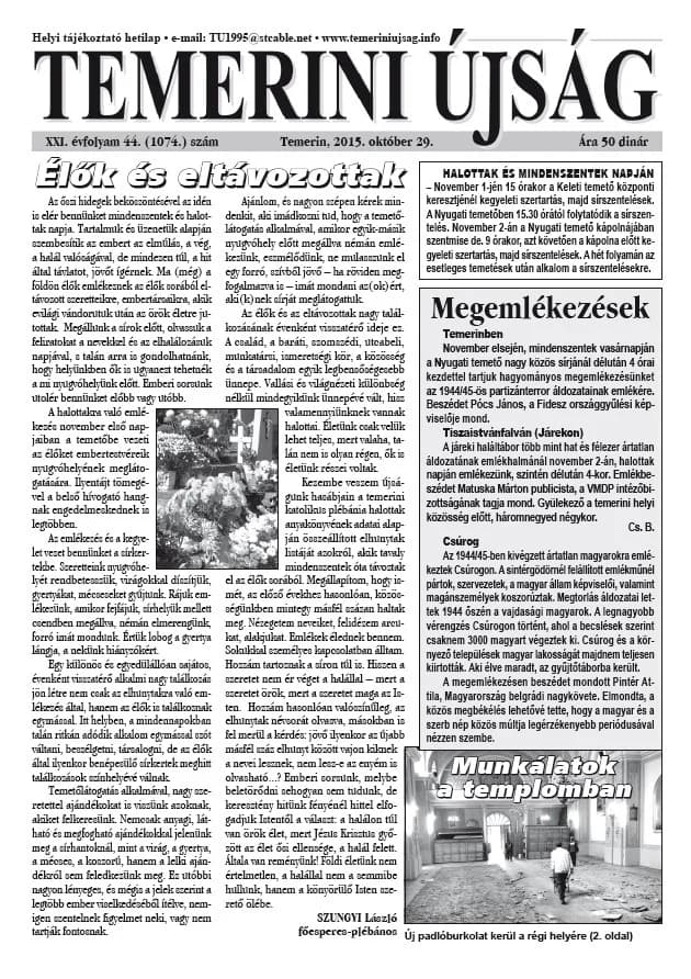 Temerini Újság, 21. évf. 2015. október 29. 44. sz.