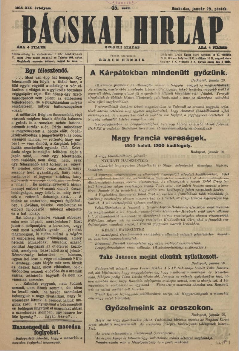 Bácskai Hirlap, 19. évf. 1915. január 29. 45. sz.