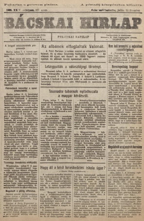 Bácskai Hirlap, 24. évf. 1920. július 10. 107. sz.