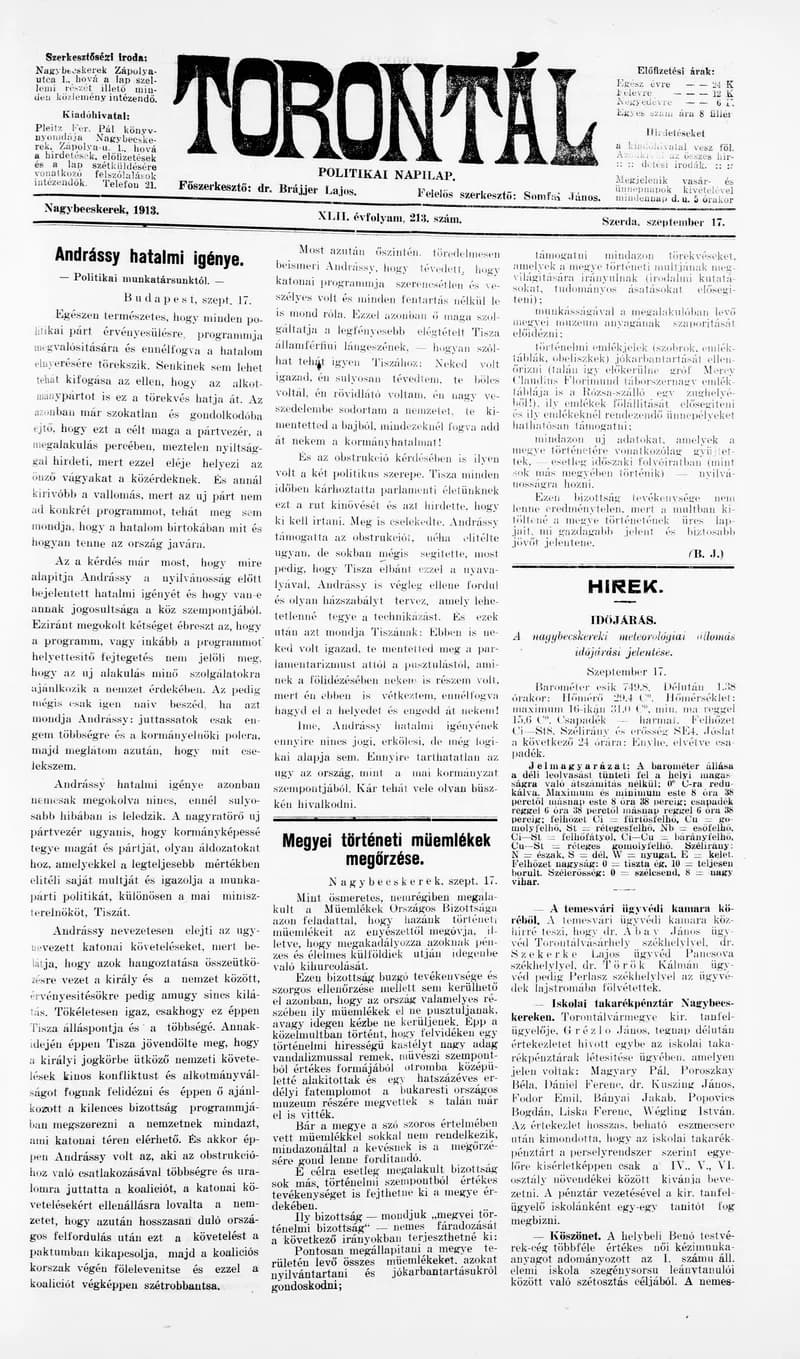 Torontál, 42. évf. 1913. szeptember 17. 213. sz.