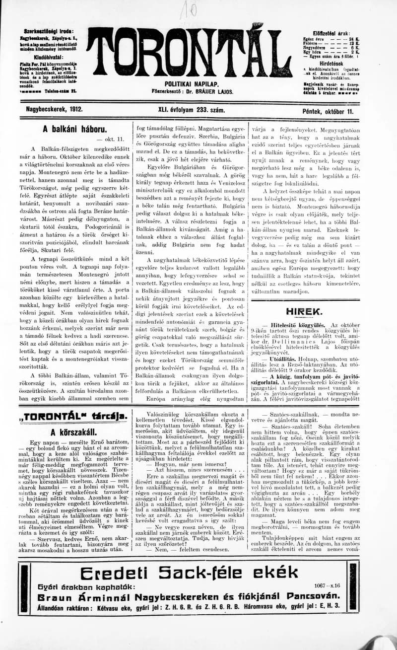 Torontál, 41. évf. 1912. október 11. 233. sz.