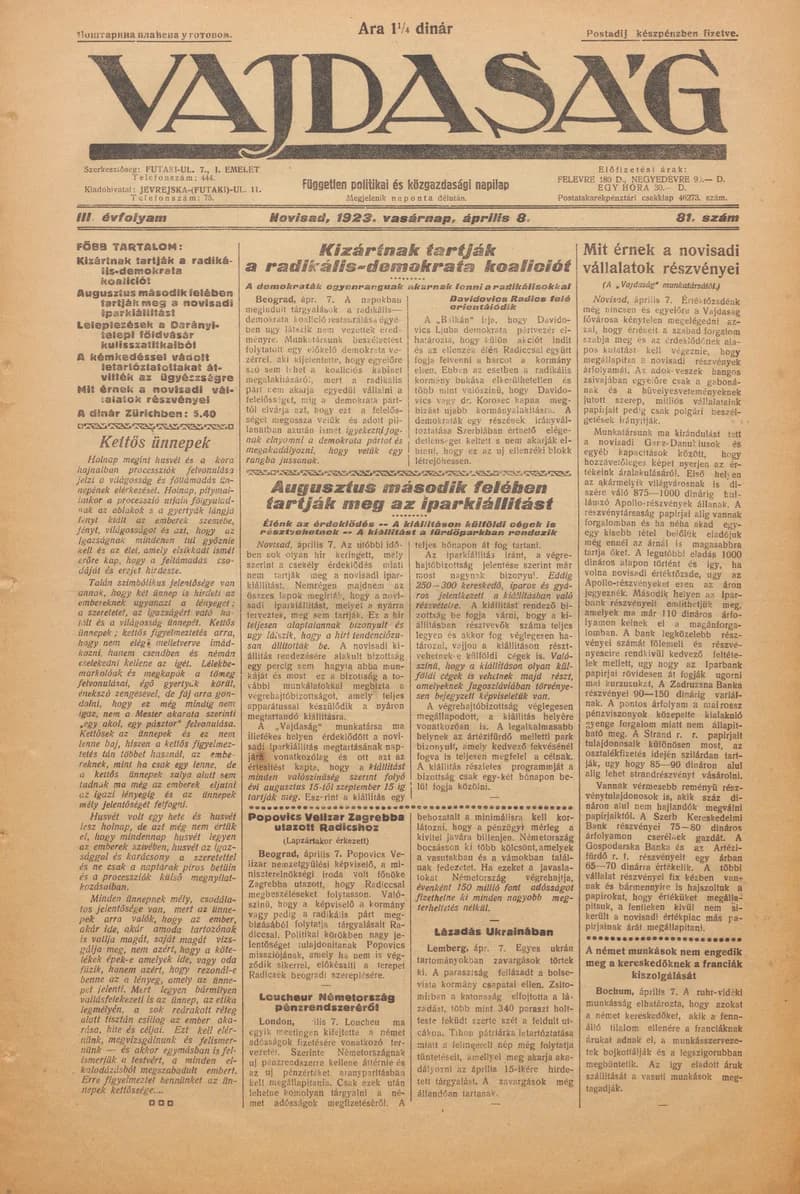 Vajdaság, 3. évf. 1923. április 8. 81. sz.