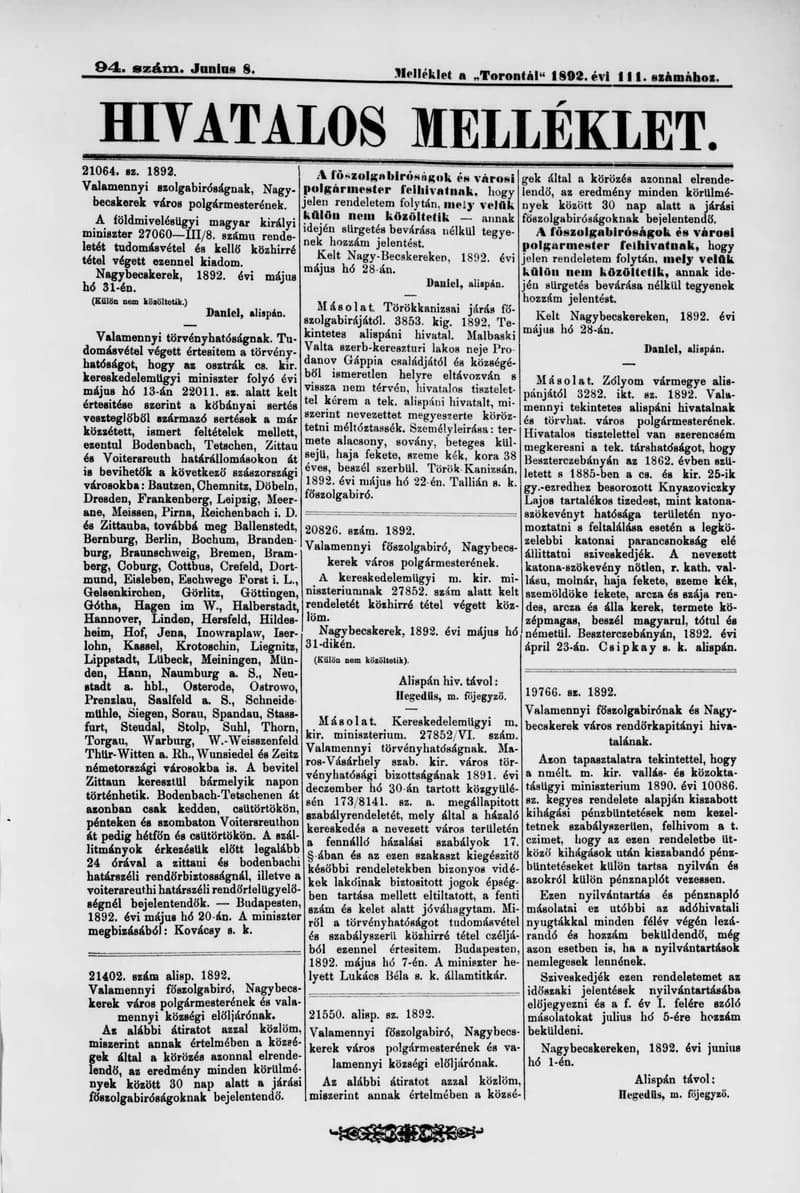 A Totontál  hivatalos melléklete, 5. évf. 1892. június 8. 94. sz.