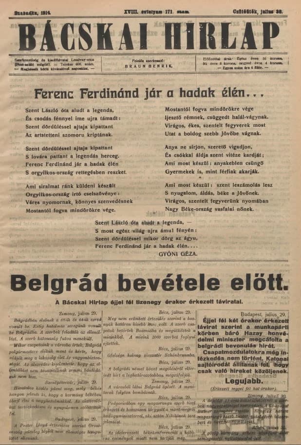 Bácskai Hirlap, 18. évf. 1914. július 30. 171. sz.