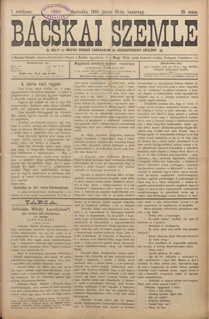 Bácskai Szemle, 1. évf. 1893. június 25. 39. sz.