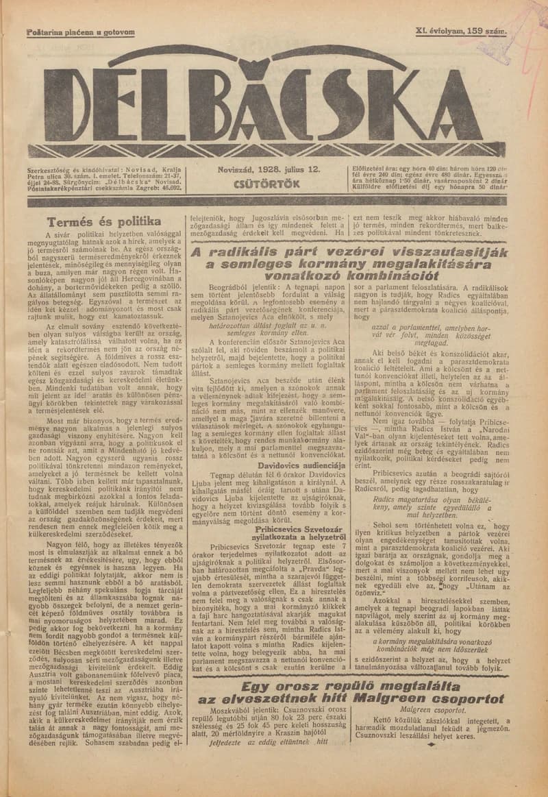 Délbácska, 9. évf. 1928. július 12. 159. sz.