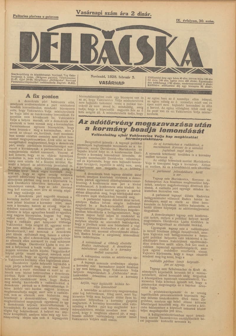 Délbácska, 9. évf. 1928. február 5. 30. sz.