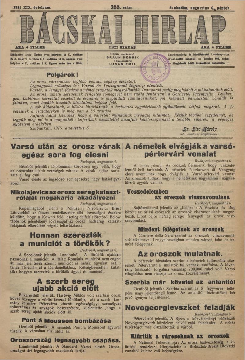 Bácskai Hirlap, 19. évf. 1915. augusztus 6. 355. sz.