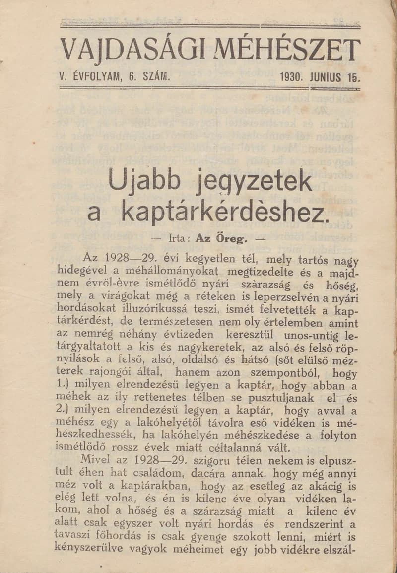Vajdasági méhészet, 5. évf. 1930. június 15. 6. sz.