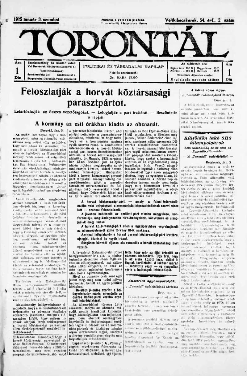 Torontál, 54. évf. 1925. január 3. 2. sz.