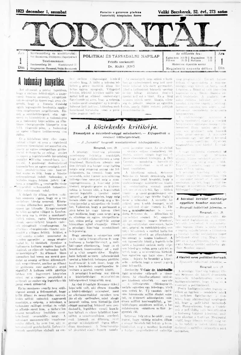 Torontál, 52. évf. 1923. december 1. 273. sz.