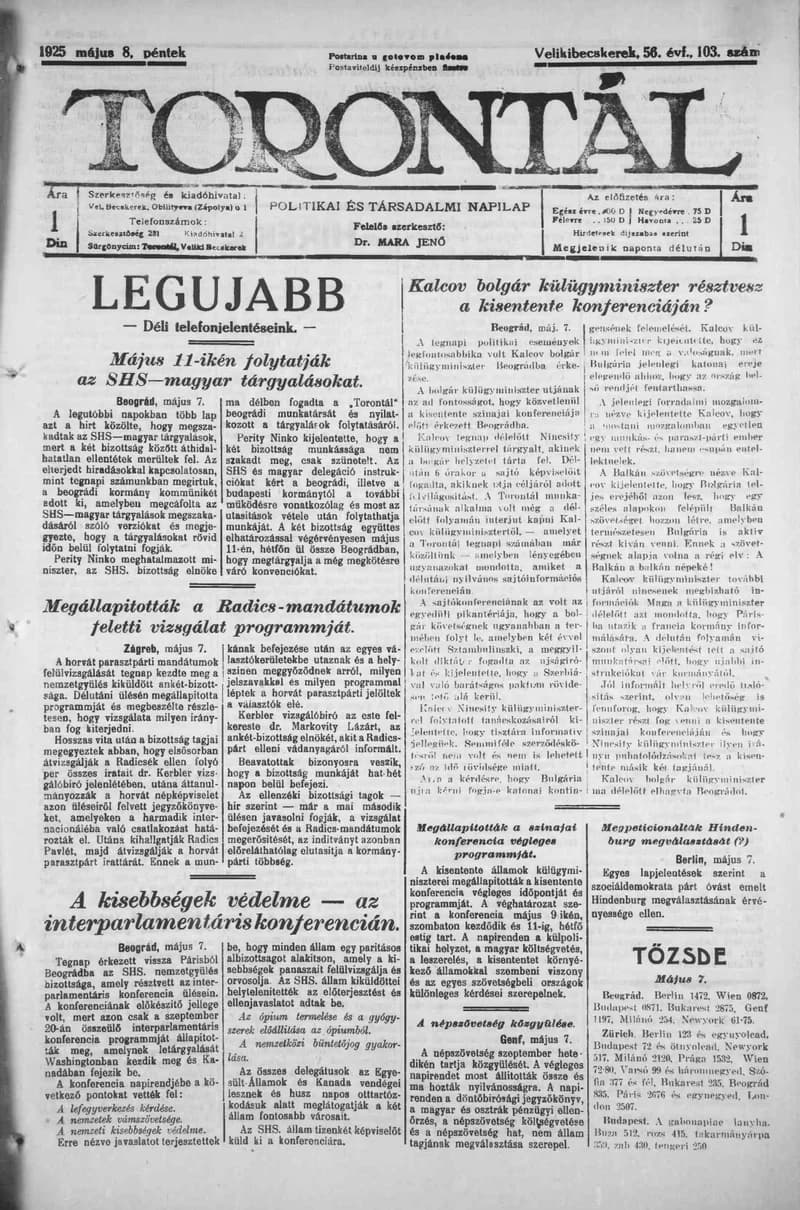 Torontál, 54. évf. 1925. május 8. 103. sz.