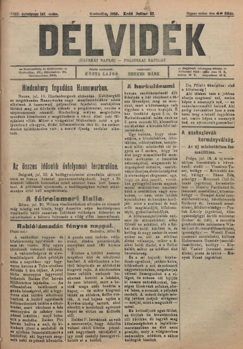 Délvidék, 13. évf. 1919. július 22. 141. sz.