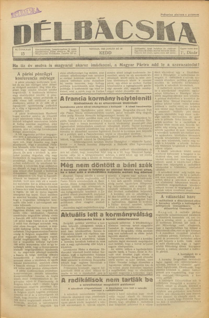 Délbácska, 6. évf. 1925. január 20. 15. sz.