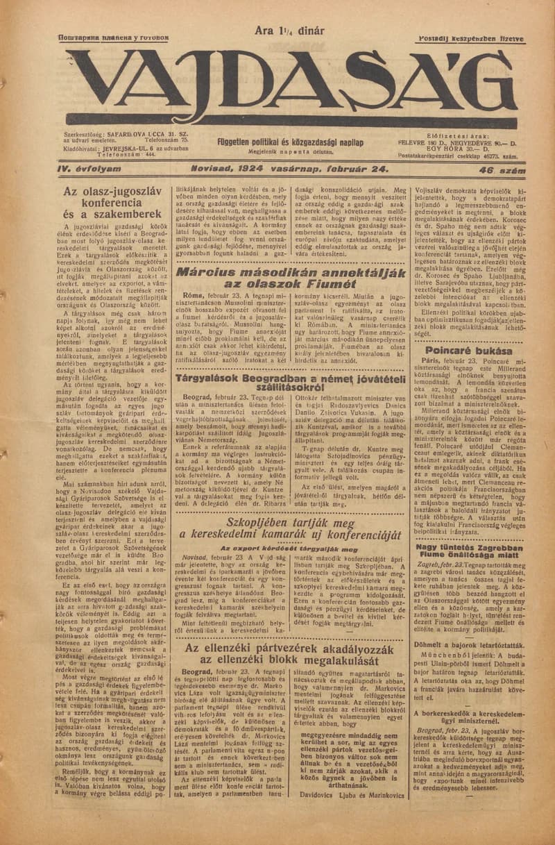 Vajdaság, 4. évf. 1924. február 24. 46. sz.