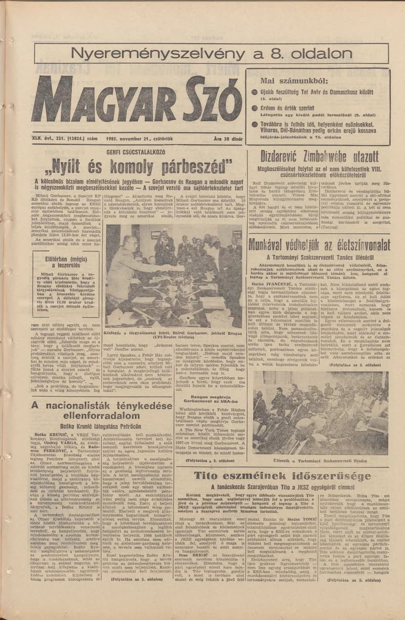 Magyar Szó, 42. évf. 1985. november 21. 321. sz. 1–20. oldal