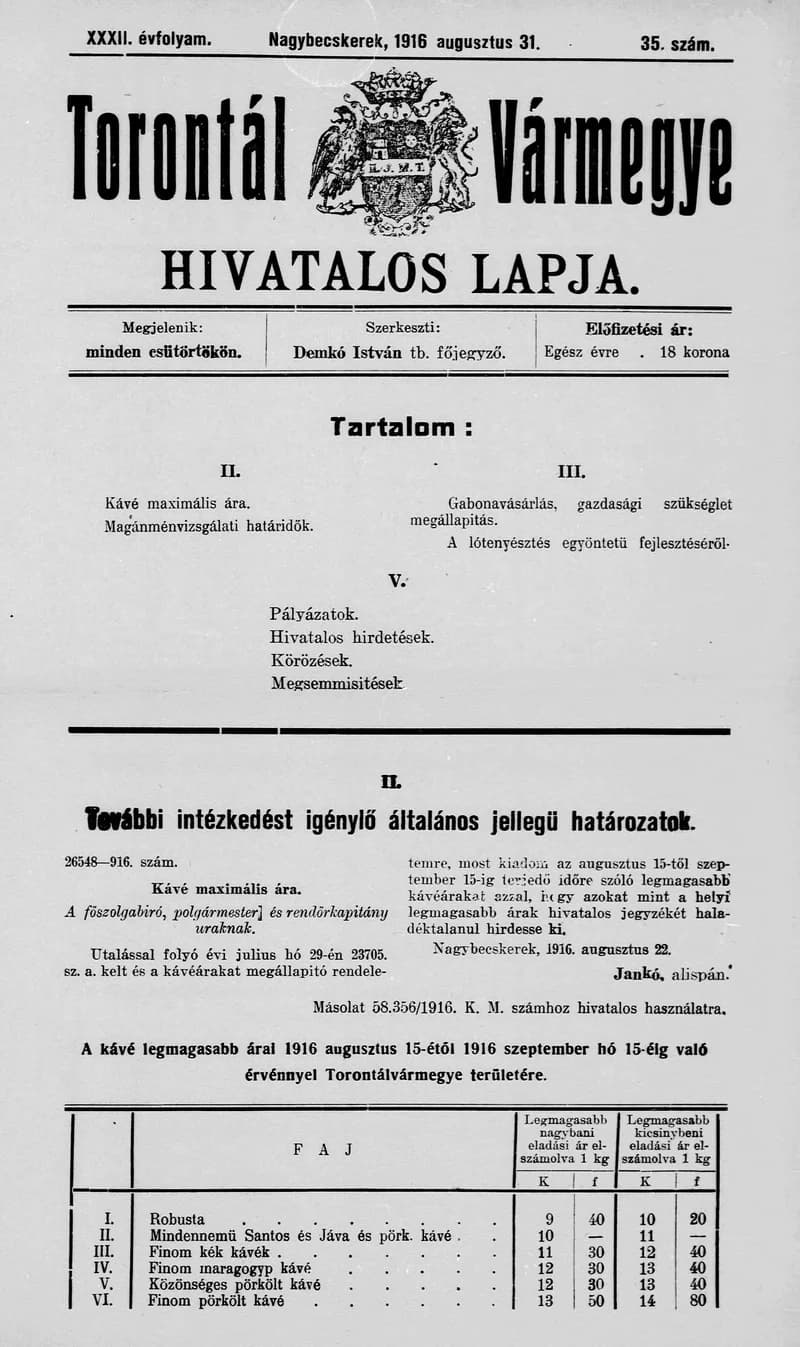 Torontál Vármegye Hivatalos Lapja, 32. évf. 1916. augusztus 31. 35. sz.