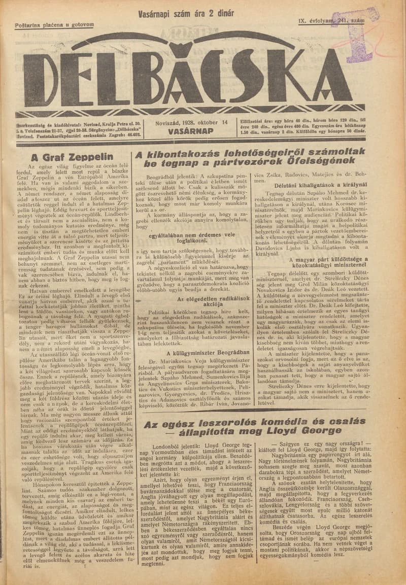 Délbácska, 9. évf. 1928. október 14. 241. sz.