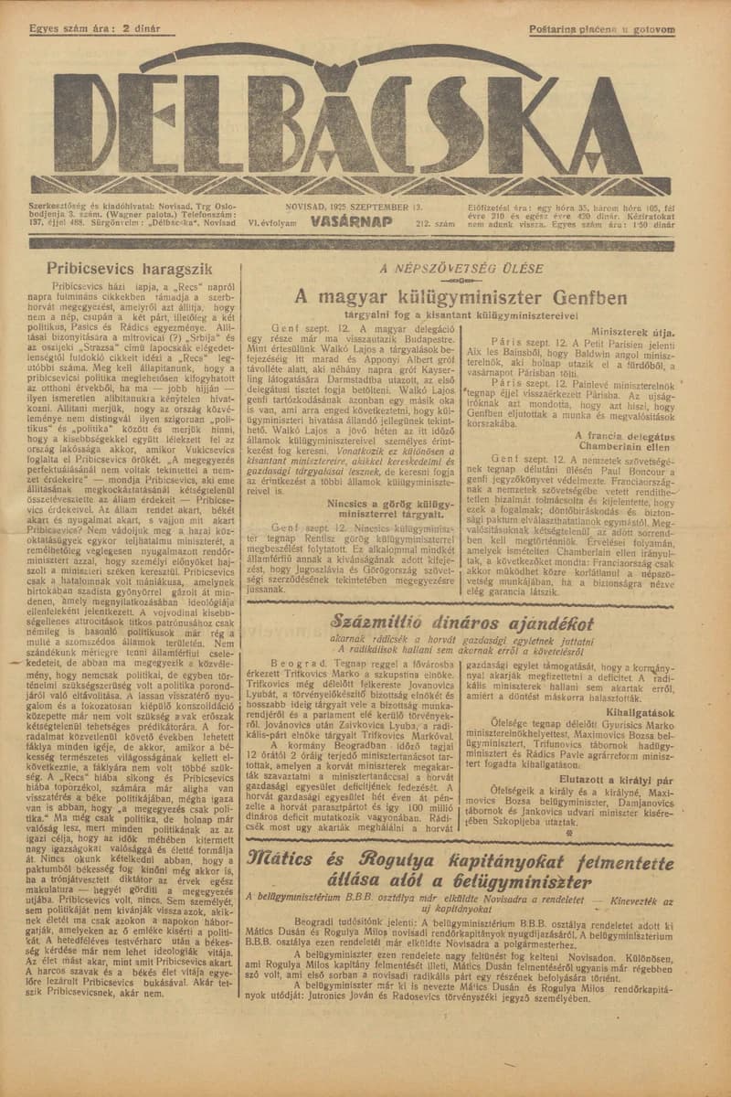 Délbácska, 6. évf. 1925. szeptember 13. 212. sz.