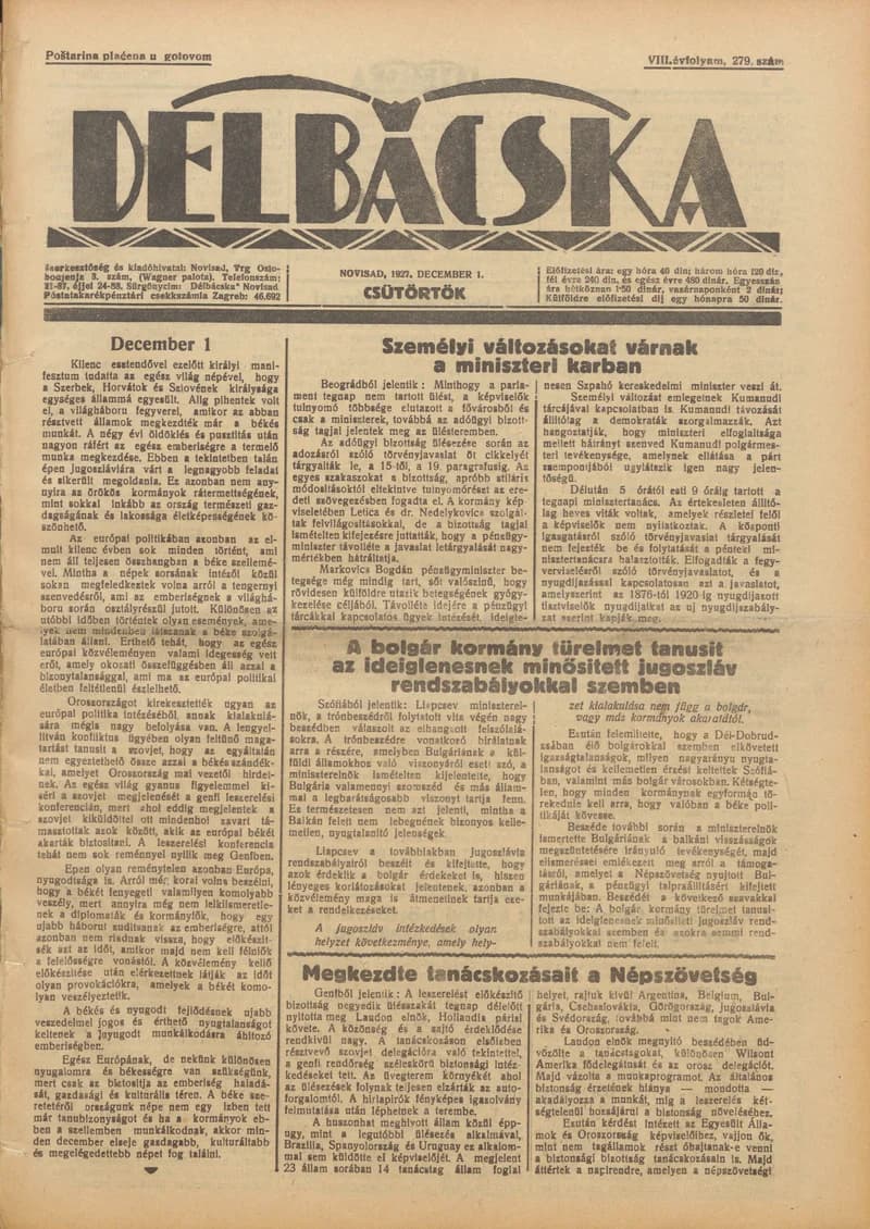 Délbácska, 8. évf. 1927. december 1. 279. sz.